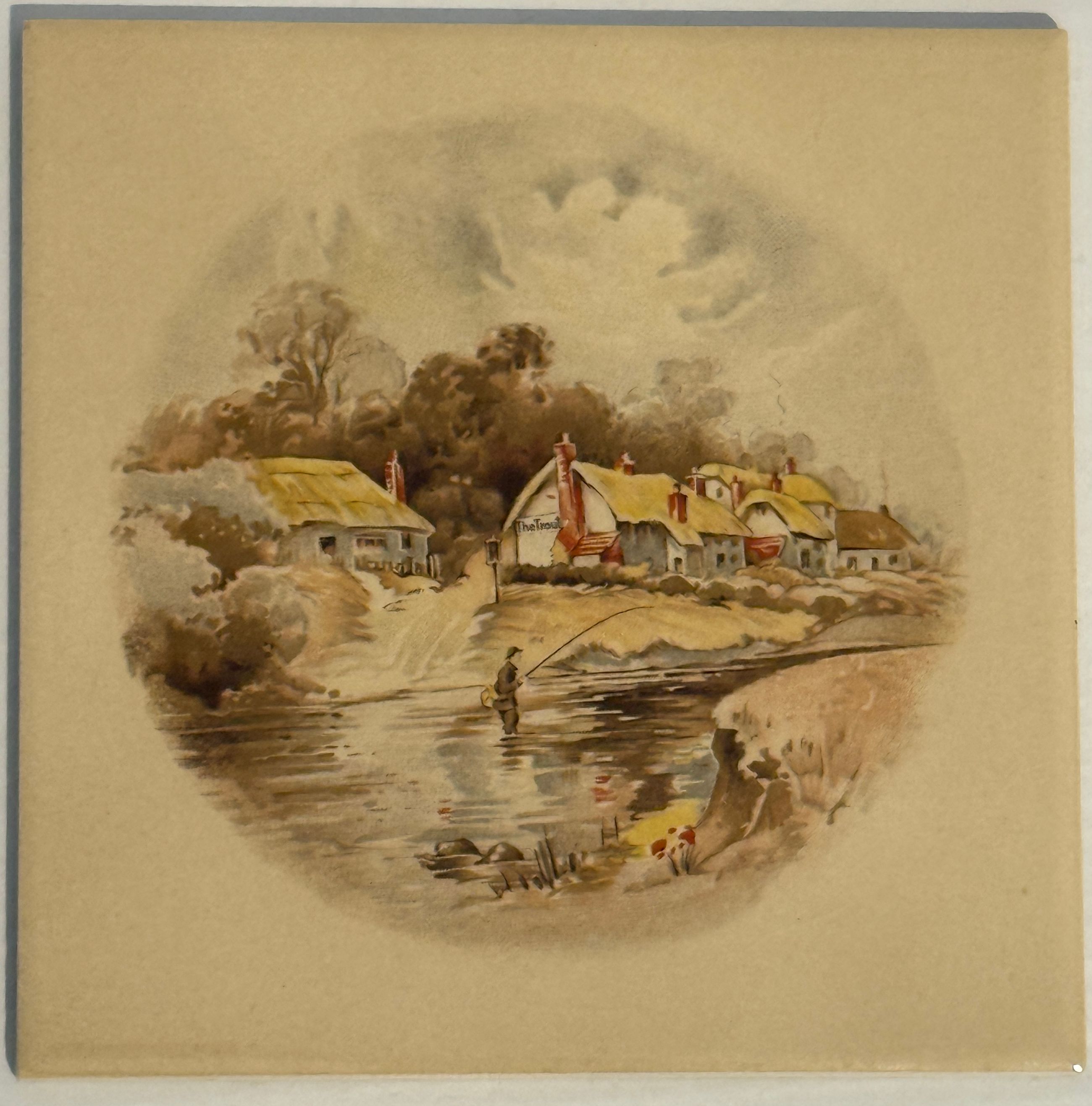 Historische englische Motivfliese mit dem Wirtshausschild „The trout inn"