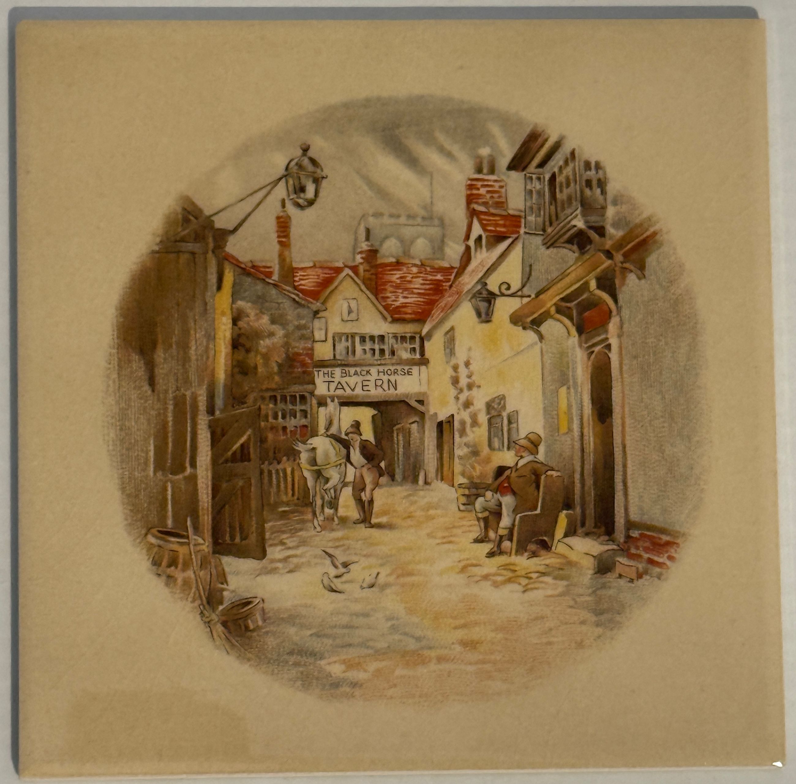 Historische englische Motivfliese mit dem Wirtshausschild „The black horse tavern"
