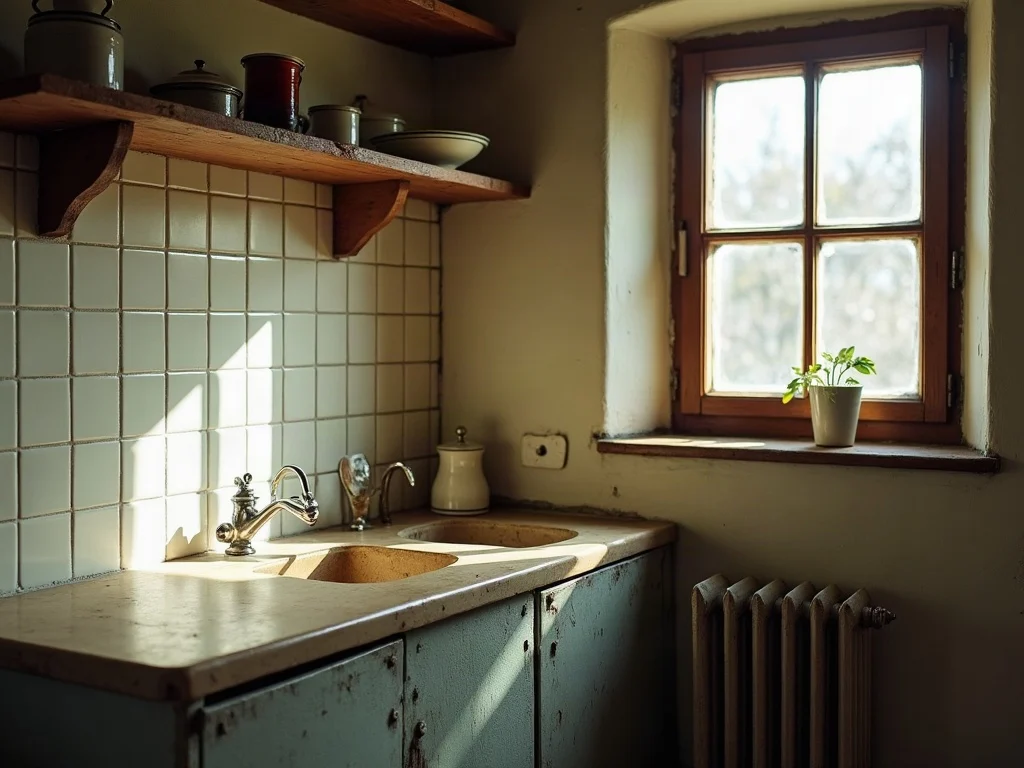 Alte Küche mit gefliester Wand über dem Steinbecken – Symbolbild